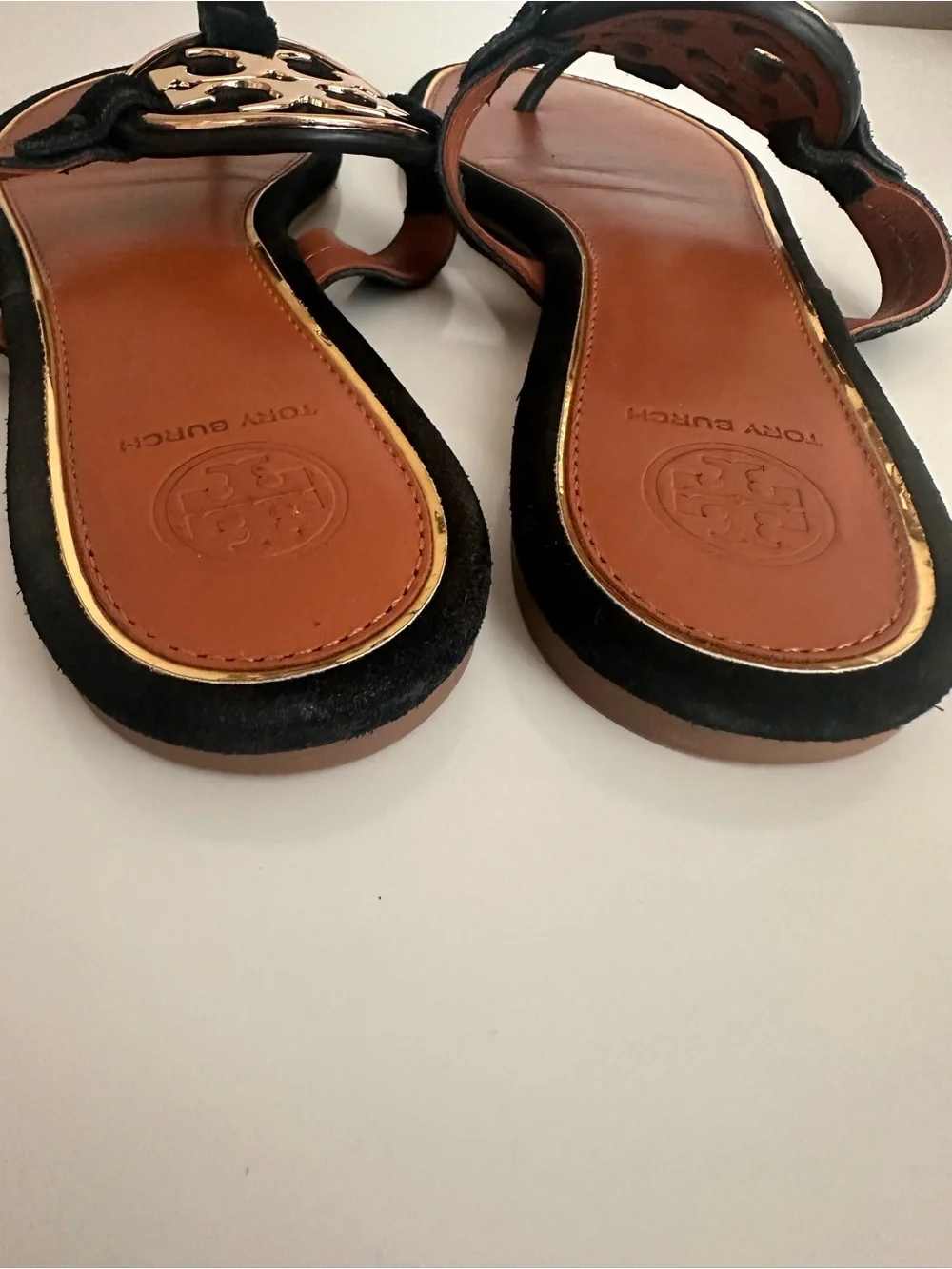 Tory Burch Miller Suede Sandals Black Gold Logo Thong Size 8